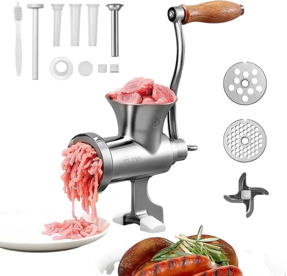 VEVOR Manual Meat Grinder, 304 Stainless Steel Hand Crank Meat Mincer with Steel Table Clamp, Sausage Stuffer with 2 Cutting Plates & 4 Sausage Tubes, Food Grinder for Beef Chili Pork Kitchen Tabletop