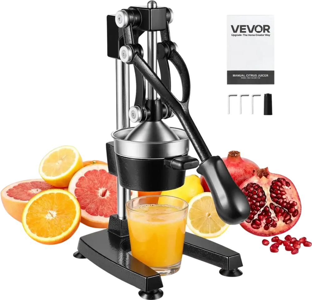 VEVOR Manual Citrus Juicer, 15" Tall Hand Press Oranges Juicer, Manual Fresh Juice Extractor for Lemon Pomegranate Grapefruit, Heavy-Duty Cast Iron, Easy to Clean, Home & Commercial Use, Black