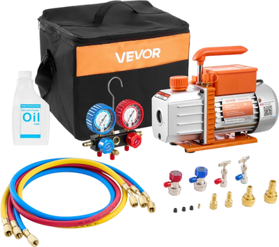 VEVOR AC Vacuum Pump and Gauge Set, 4.5 CFM 1/3 HP, Single Stage Rotary Vane HVAC Vacuum Pump, A/C Manifold Gauge Kit, for R134a R22 R410a R1234YF R32, with Carry Bag, for Auto HVAC Air Conditioning