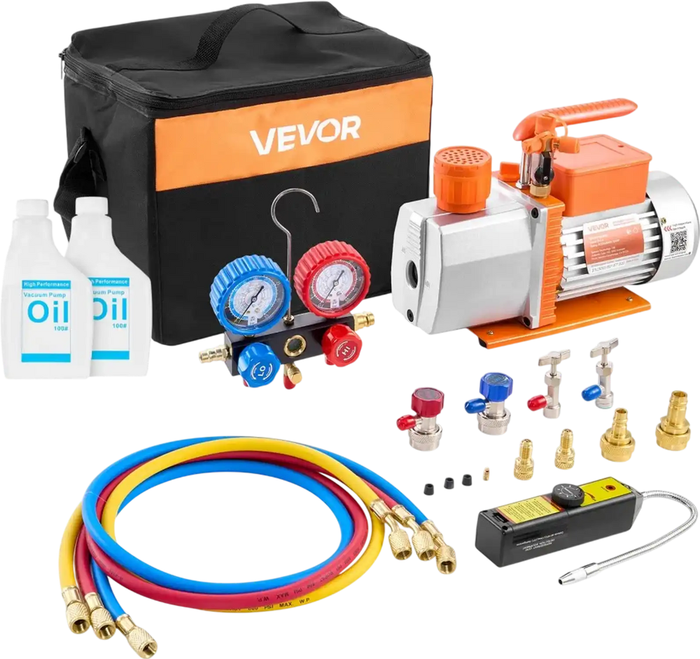 VEVOR AC Vacuum Pump and Gauge Set, 7 CFM 3/4 HP, Two Stage Rotary Vane HVAC Vacuum Pump, A/C Manifold Gauge Kit, for R134a R22 R410a, with Leak Detector Carry Bag Hose, for Auto HVAC Air Conditioning