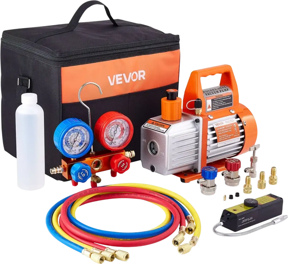 VEVOR 4 CFM AC Vacuum Pump and Gauge Set, 1/3 HP, Single Stage Rotary Vane HVAC Air Vacuum Pump, A/C Refrigerant Manifold Gauge Kit, with Leak Detector, Carry Bag, for R134a R22 R410a Refrigerants