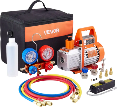 VEVOR 4 CFM AC Vacuum Pump and Gauge Set, 1/3 HP, Single Stage Rotary Vane HVAC Air Vacuum Pump, A/C Refrigerant Manifold Gauge Kit, with Leak Detector, Carry Bag, for R134a R22 R410a Refrigerants