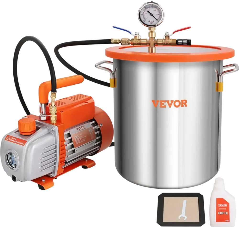 VEVOR 5 Gallon Vacuum Chamber and 3.5 CFM Pump Kit, Tempered Glass Lid Vacuum Degassing Chamber Kit, Single Stage Vacuum Pump with 250 ml Oil Bottle, for Stabilizing Wood, Degassing Silicones, Epoxies