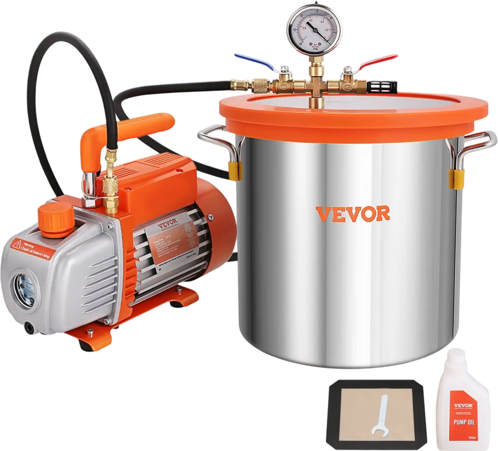 VEVOR 3 Gallon Vacuum Chamber and 3.5 CFM Pump Kit, Tempered Glass Lid Vacuum Degassing Chamber Kit, Single Stage Vacuum Pump with 250 ml Oil Bottle, for Stabilizing Wood, Degassing Silicones, Epoxies