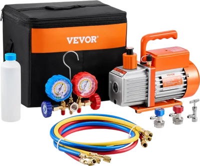 VEVOR 3.5 CFM AC Vacuum Pump and Gauge Set, Single Stage Rotary Vane HVAC Air Vacuum Pump, A/C Refrigerant Manifold Gauge Kit, with Hoses, Air Conditioning Refrigeration for R134a, R12, R22, R502a