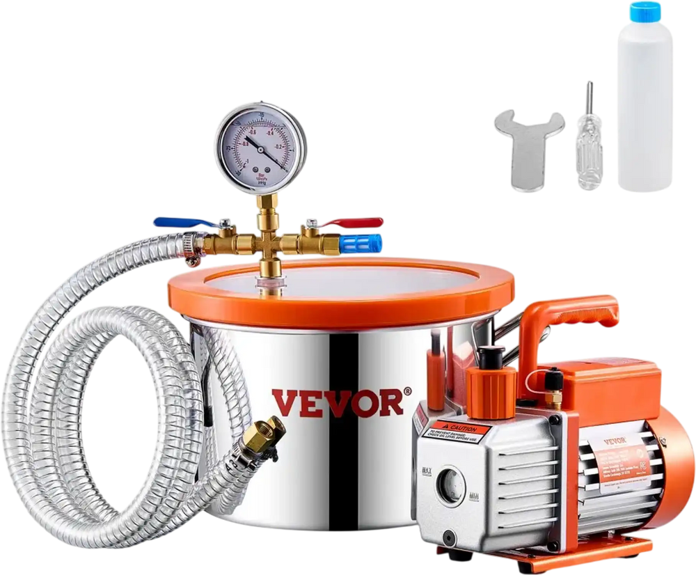 VEVOR 1.5 Gallon Vacuum Chamber and 3.5 CFM Pump Kit, Stainless Steel Chamber, Single Stage Vacuum Pump Degassing Chamber Kit, with Acrylic Lid, Oil, 4.92 ft Hose, for Degassing Resin Silicone Epoxies