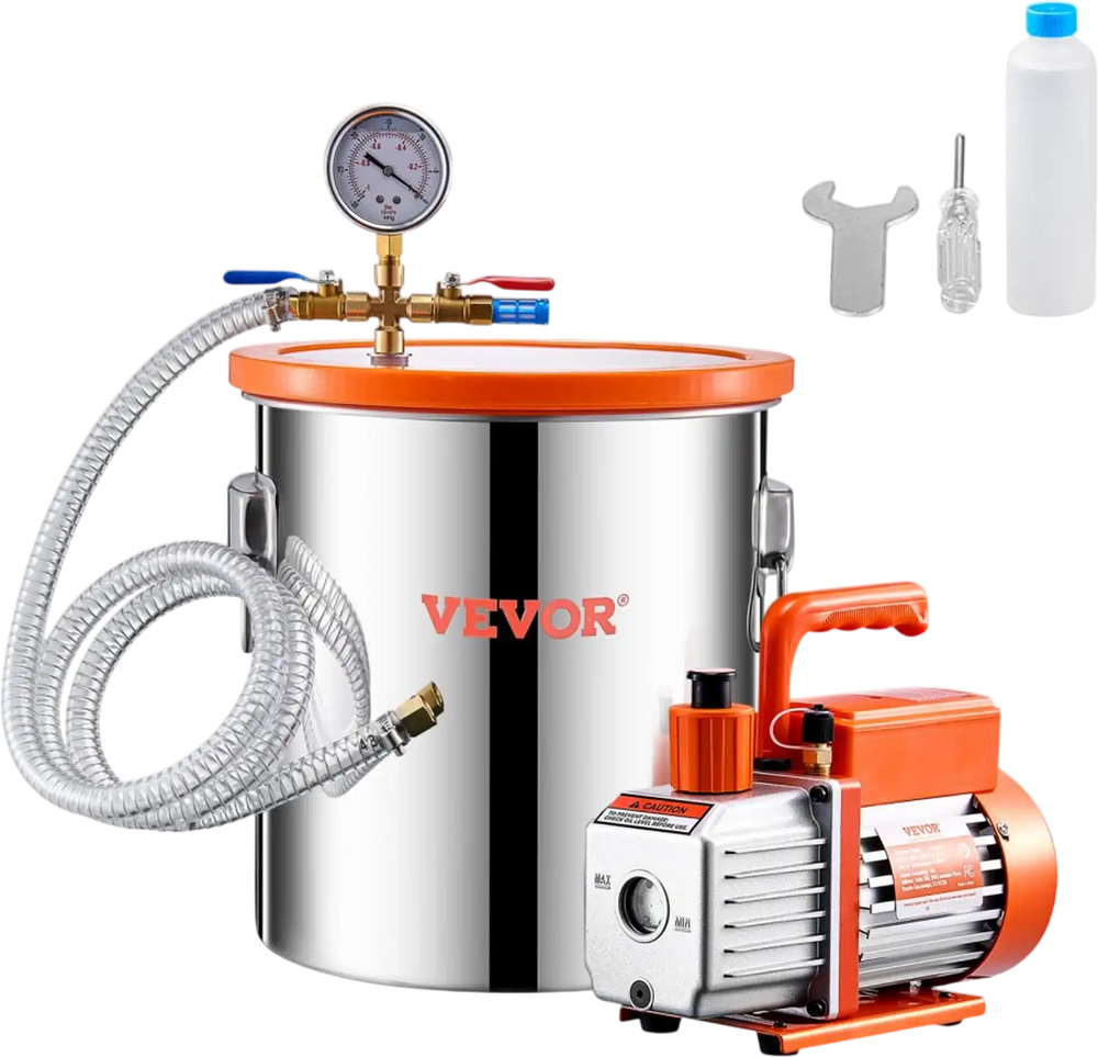 VEVOR 5 Gallon Vacuum Chamber and 3.5 CFM Pump Kit, Stainless Steel Chamber, Single Stage Vacuum Pump Degassing Chamber Kit, with Acrylic Lid, Oil, 4.92 ft Hose, for Degassing Resin Silicone Epoxies