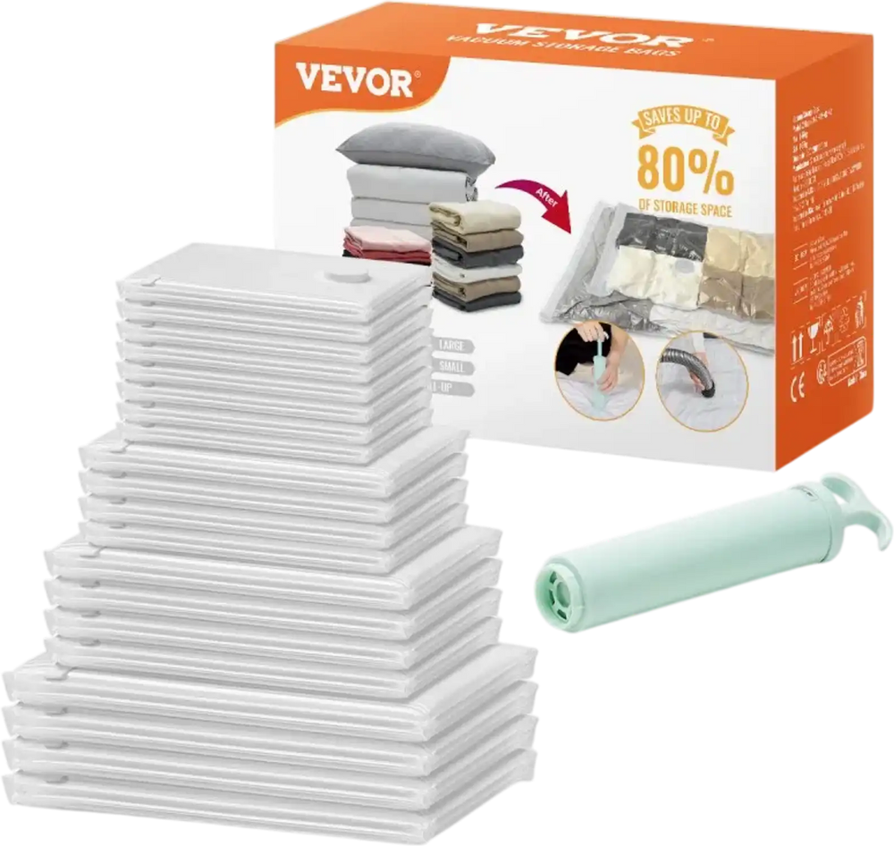VEVOR Vacuum Storage Bags, 20 Pack Space Saver Seal Bag(4 Jumbo/4 Large/4 Medium/4 Small/4 Roll), Compression Airtight Zipper Space Bags with Hand Pump, for Cloth, Bedding, Blanket, Pillow, Travel
