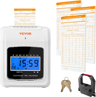 VEVOR Punch Time Clock, Time Tracker Machine for Employees of Small Business, 6 Punches per Day, Time Clock Punch Machine Includes 102 Time Cards, 1 Ink Ribbon and 2 Security Keys
