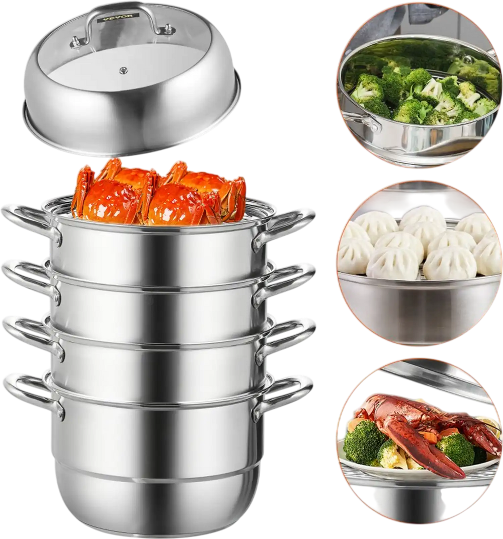 VEVOR Steamer Pot 11in/28cm, 5 Tier Steamer Pot for Cooking with 8.5QT Stock Pot, 3 Vegetable Steamers & 2 Steaming Trays, Food-Grade 304 Stainless Steel Food Steamer Cookware for Gas Electric Stove
