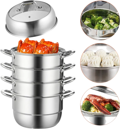 VEVOR Steamer Pot 11in/28cm, 5 Tier Steamer Pot for Cooking with 8.5QT Stock Pot, 3 Vegetable Steamers & 2 Steaming Trays, Food-Grade 304 Stainless Steel Food Steamer Cookware for Gas Electric Stove