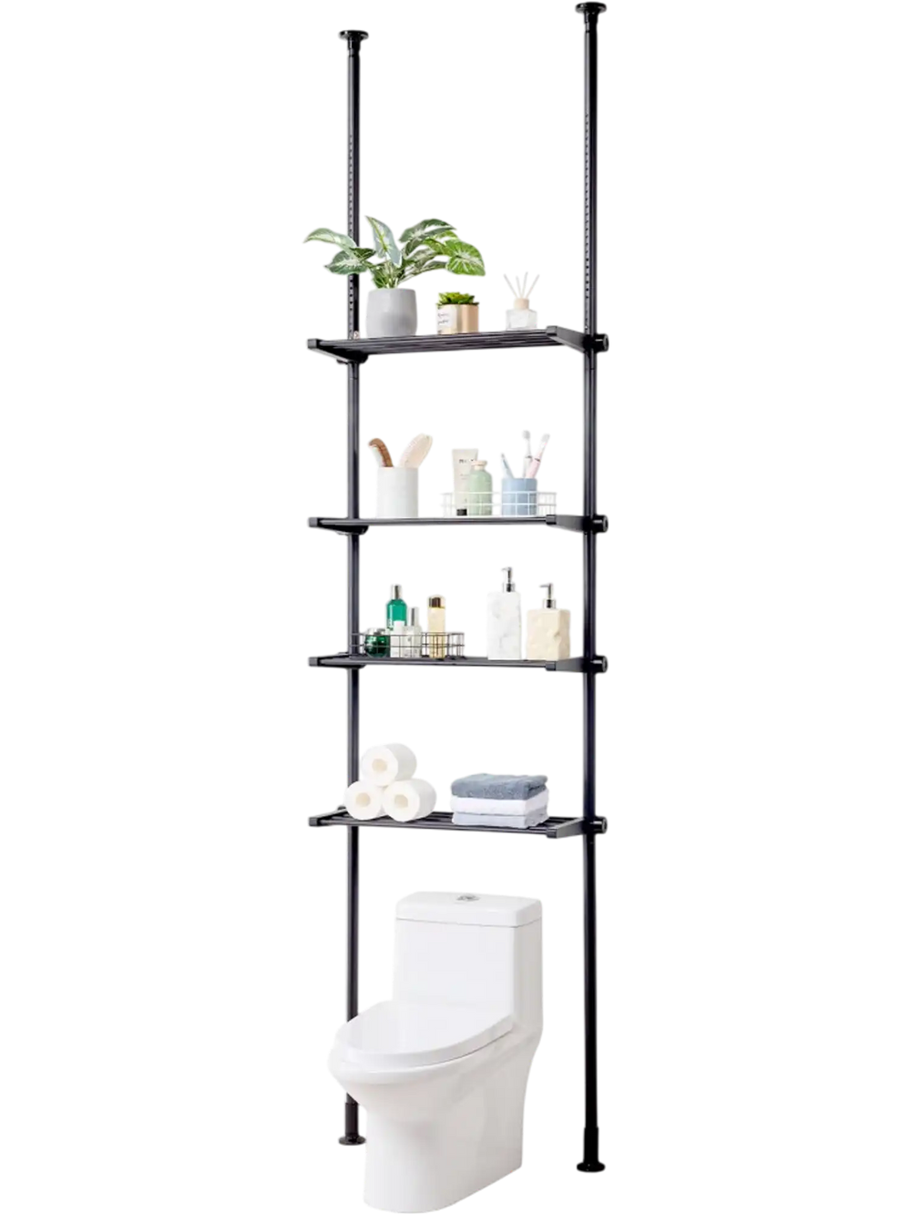 VEVOR Over the Toilet Storage, 4-Tier Adjustable Over Toilet Bathroom Organizer, Low-carbon Steel 53"-132" Tall Storage Shelf Rack, Easy Assembly Laundry Space Saver, for Small Rooms, Fit Most Toilets