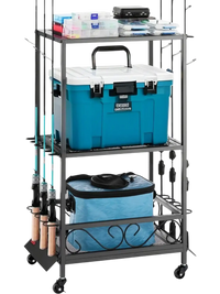 VEVOR Fishing Rod Holder for 10-Rods, Mobile Fishing Pole Rack Cart with Wheels, Fish Gear Equipment Organizer for Garage Home Indoor Use, for Tackle Box Reel Accessories Storage, Gifts for Men