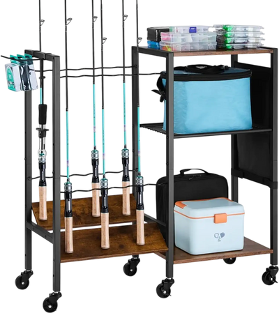 VEVOR Fishing Rod Holder for 12-Rods, Mobile Fishing Pole Rack Cart with Wheels, Fish Gear Equipment Organizer for Garage Home Indoor Use, for Tackle Box Reel Accessories Storage, Gifts for Men