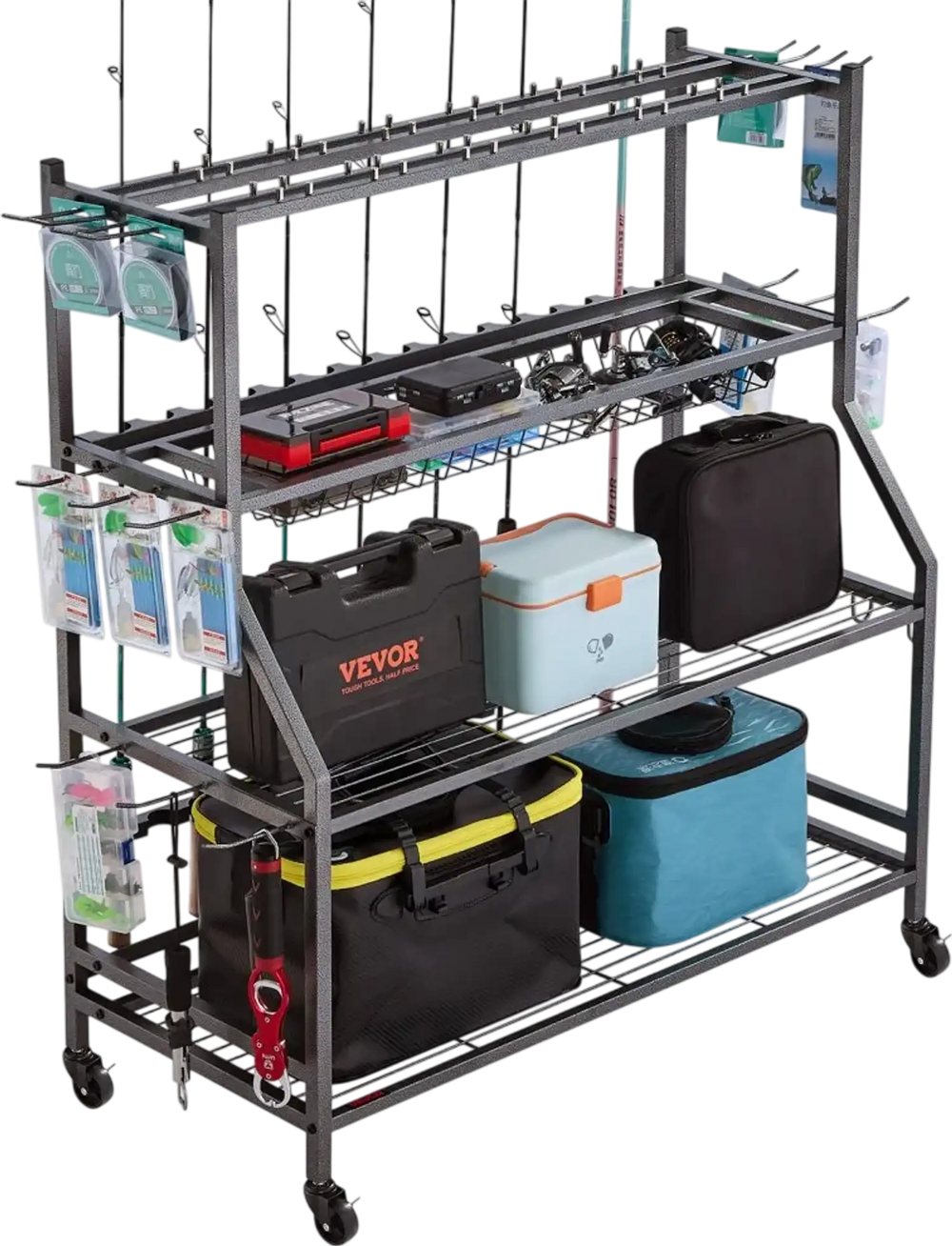 VEVOR Fishing Rod Holder for 15-Rods, Mobile Fishing Pole Rack Cart with Wheels, Fish Gear Equipment Organizer for Garage Home Indoor Use, for Tackle Box Reel Accessories Storage, Gifts for Men