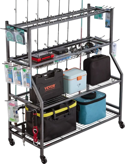 VEVOR Fishing Rod Holder for 15-Rods, Mobile Fishing Pole Rack Cart with Wheels, Fish Gear Equipment Organizer for Garage Home Indoor Use, for Tackle Box Reel Accessories Storage, Gifts for Men