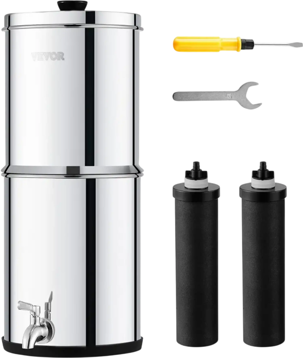 VEVOR Gravity-fed Water Filter System, 1.5G 304 Stainless-Steel Countertop System, Water Filtration System, Reduces Lead and up to 99% of Chlorine, with 2 Carbon Filters & Spigot, for Home Camping RV