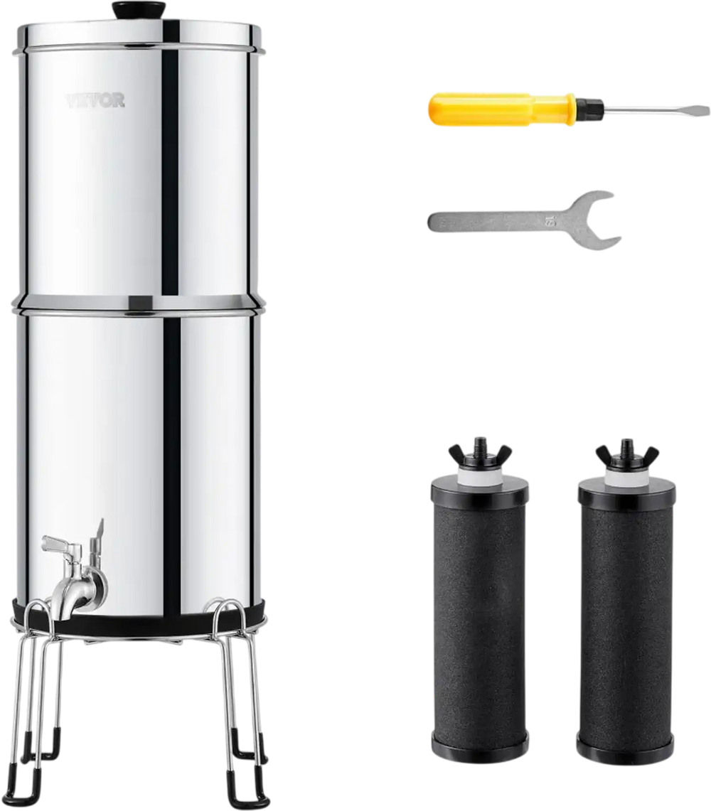 VEVOR Gravity-fed Water Filter System, 2.25G 304 Stainless-Steel Countertop Water Filtration System, Reduces Lead and up to 99% of Chlorine, with 2 Carbon Filters/Spigot/Stand, for Home Camping RV