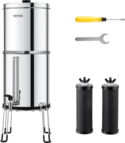 VEVOR Gravity-fed Water Filter System, 2.25G 304 Stainless-Steel Countertop System, Water Filtration System, Reduces Lead and up to 99% of Chlorine, with 2 Carbon Filters, Water Level  Spigot, Stand