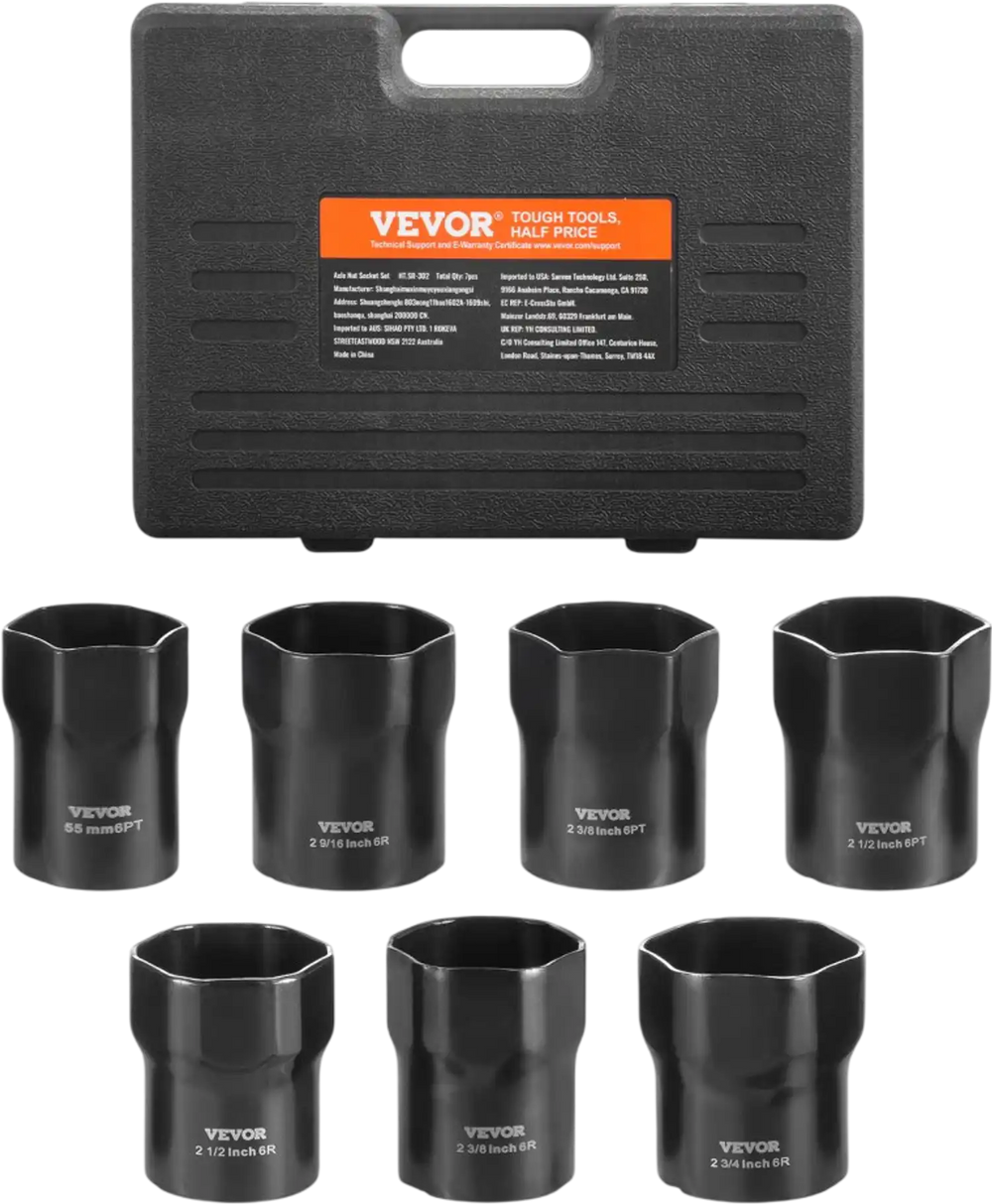 VEVOR Wheel Bearing Locknut Socket Set, 1/2 inch Drive 7 Piece SAE and Metric 6-Point Socket for Ford, Dodge, and Toyota Vehicles, with Storage Case, Remove and Install Wheel Bearing Lock Nuts