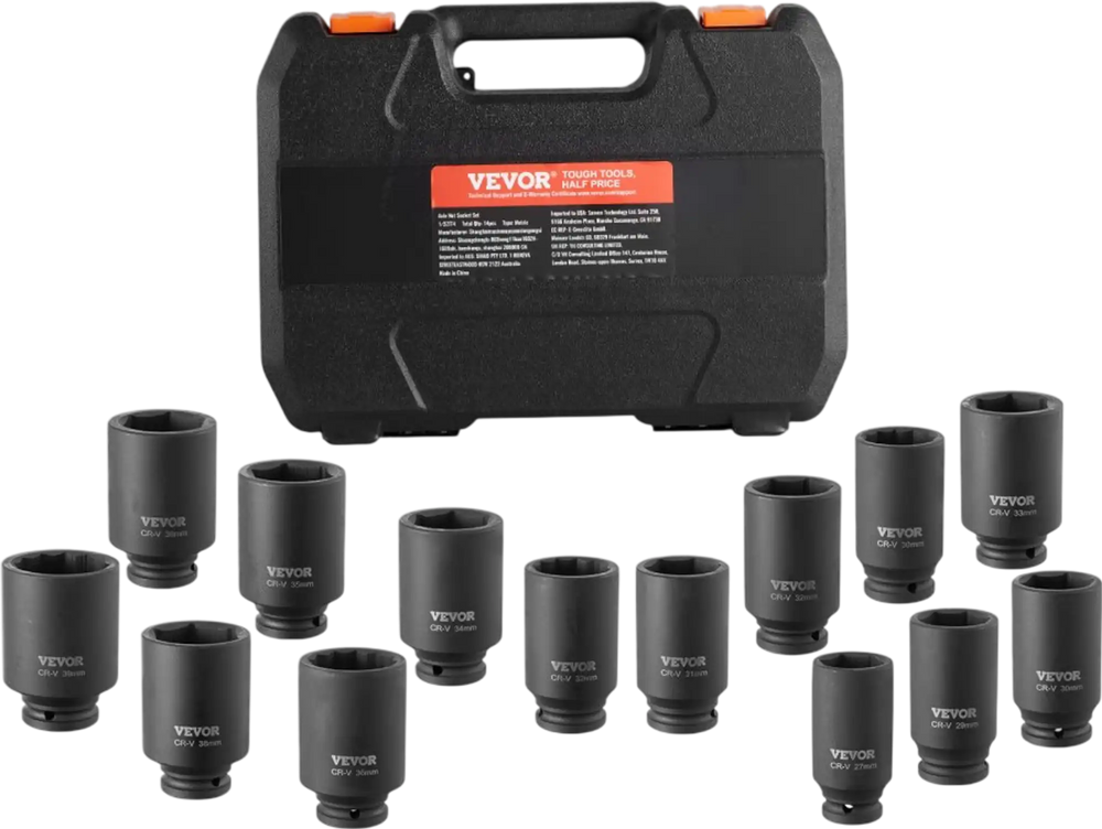 VEVOR Axle Nut Impact Socket Set, 1/2" Drive Deep 6+12-Point 14-Piece Metric Spindle Nut Socket Set, CR-V Heat Treated Large Socket Set with Storage Case, Auto Repair, Removing or Installing Axle Nuts