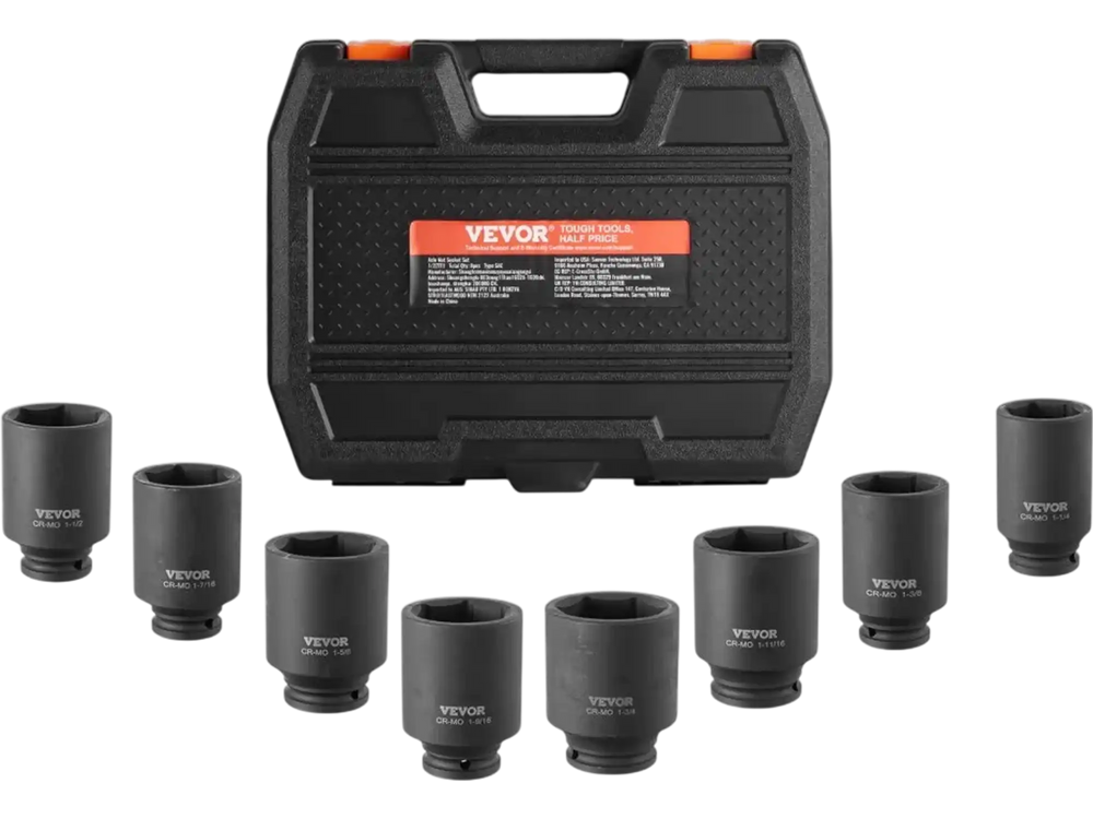VEVOR Axle Nut Impact Socket Set, 1/2" Drive Deep 6-Point 8-Piece SAE Spindle Nut Socket Set, CR-MO Heat Treated Large Socket Set with Storage Case, for Auto Repair, Removing or Installing Axle Nuts