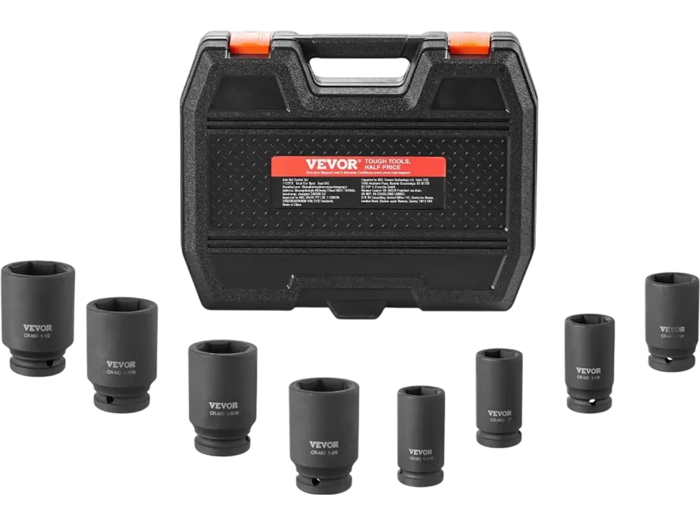VEVOR Axle Nut Impact Socket Set, 3/4" Drive Deep 6-Point 8-Piece SAE Spindle Nut Socket Set, CR-MO Heat Treated Large Socket Set with Storage Case, for Auto Repair, Removing or Installing Axle Nuts