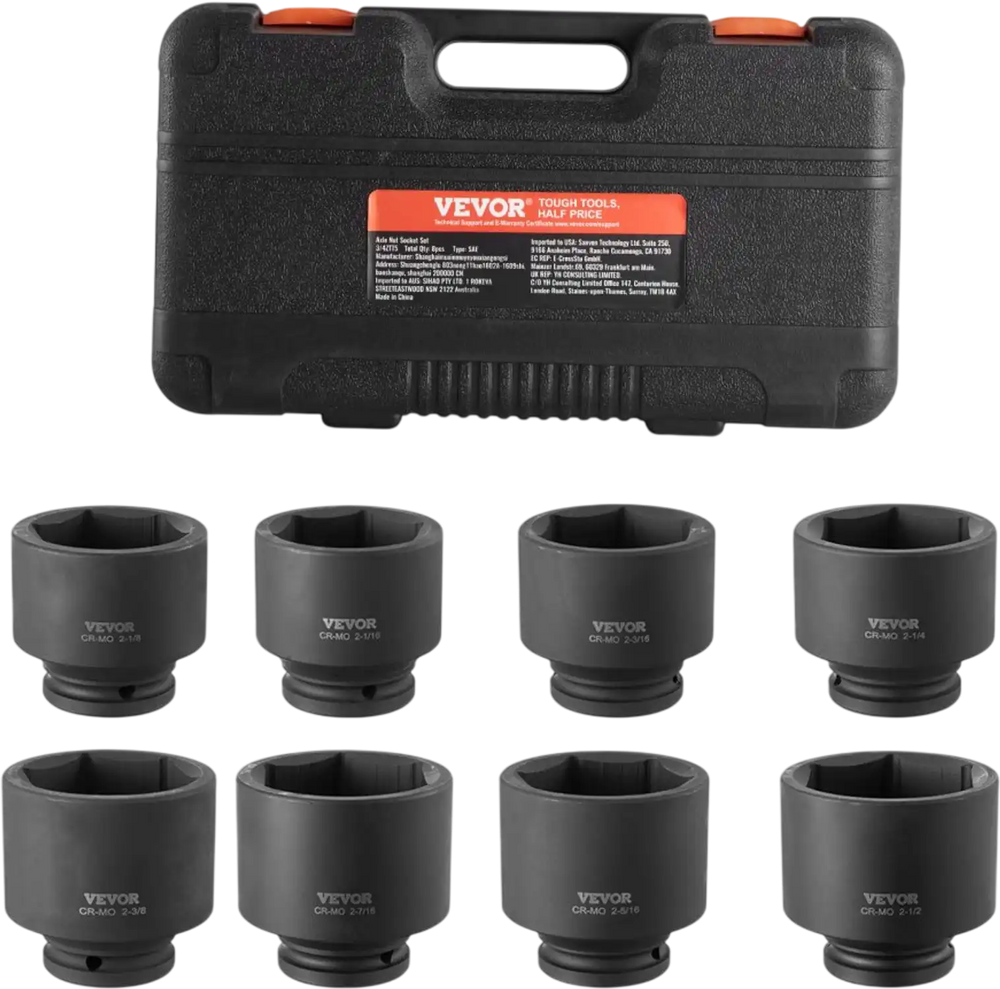 VEVOR Axle Nut Impact Socket Set, 3/4" Drive 6-Point 8-Piece SAE Spindle Nut Socket Set, CR-MO Heat Treated Large Socket Set with Storage Case, for Auto Repair, Removing or Installing Axle Nuts