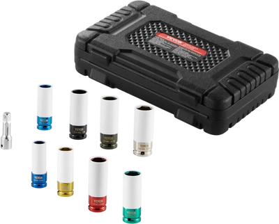 VEVOR Lug Nut Impact Socket Set, 1/2 inch Drive Metric and SAE 6-Point Deep Socket Set, 8 Total Lug Nut Sizes, CR-MO Steel Wheel Socket Set with Storage Case and Extension Bar, for Auto Repair