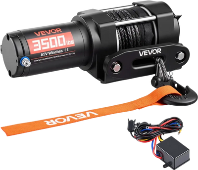 VEVOR 3500 lbs Electric Winch, 12V DC ATV/UTV Winch with Φ0.21 in x 32.8 ft Synthetic Rope & Wired Remote Control, IP55 Waterproof, Aluminum Housing Fairlead Mount Plate for Towing ATV, Black