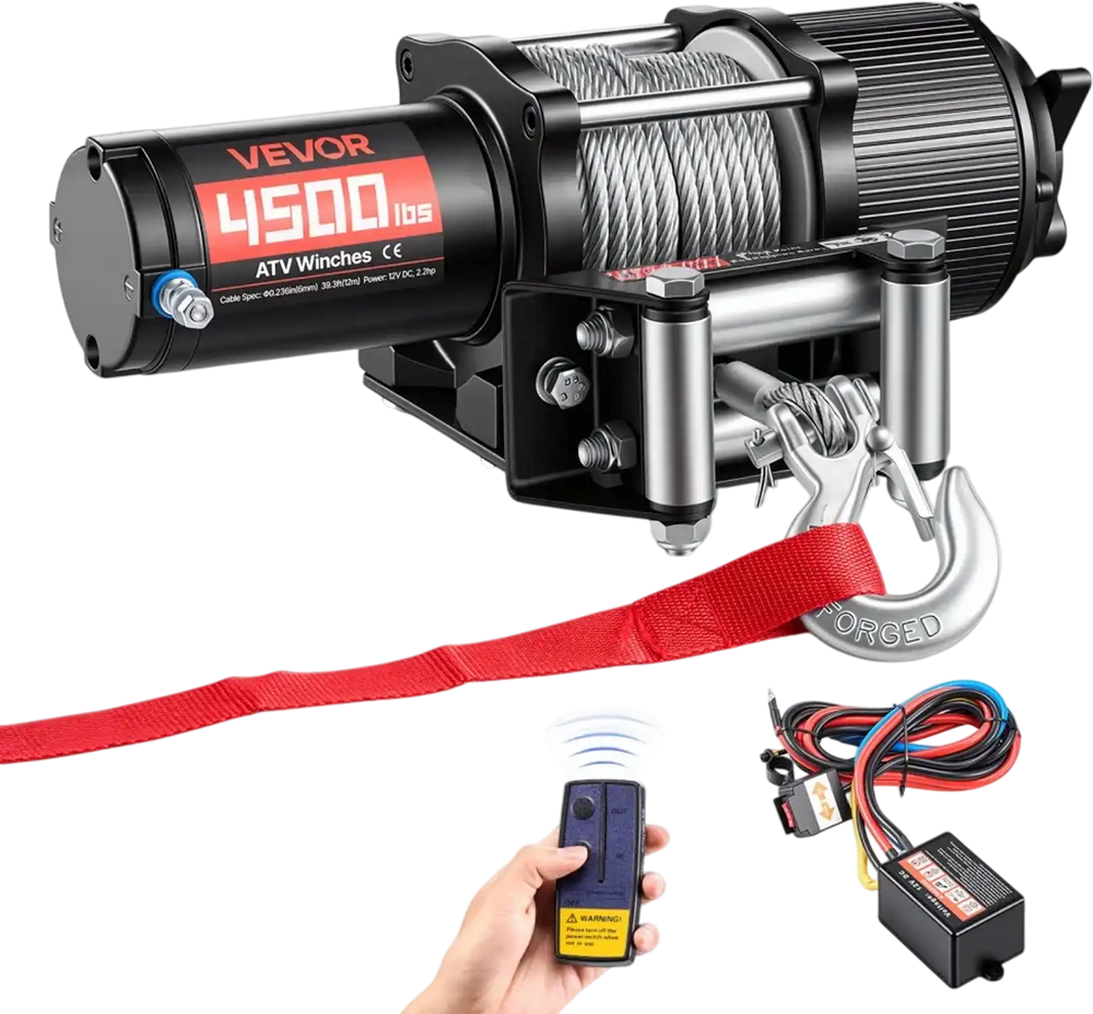 VEVOR 4500 lbs Electric Winch, 12V DC ATV/UTV Winch with Φ0.24 in x 39.4 ft Steel Wire Rope, Wireless & Wired Remote Control, IP54 Waterproof, Roller Fairlead Mount Plate for Towing ATV UTV Off-Road