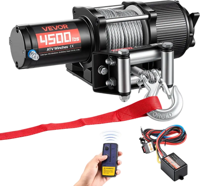 VEVOR 4500 lbs Electric Winch, 12V DC ATV/UTV Winch with Φ0.24 in x 39.4 ft Steel Wire Rope, Wireless & Wired Remote Control, IP54 Waterproof, Roller Fairlead Mount Plate for Towing ATV UTV Off-Road