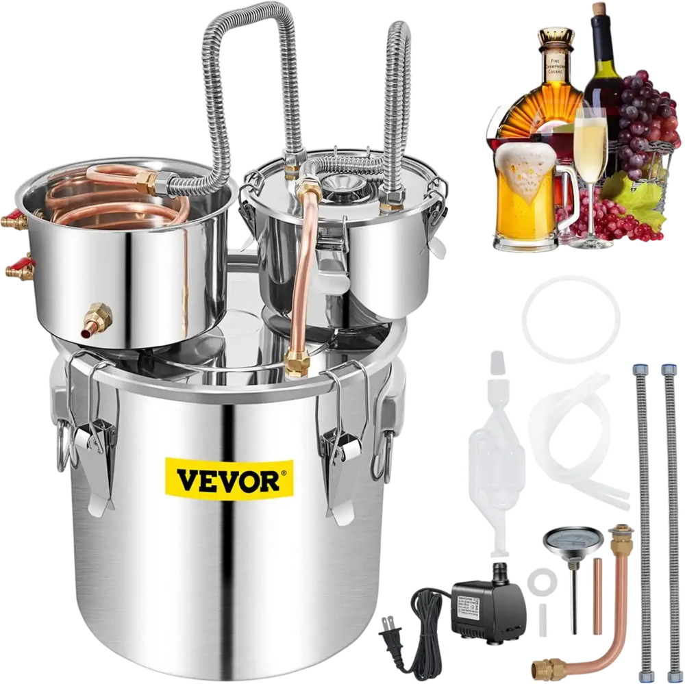 VEVOR Alcohol Still, 13.2Gal / 50L Stainless Steel Water Alcohol Distiller Copper Tube Home Brewing Kit Build-in Thermometer for DIY Whisky Wine Brandy, Silver