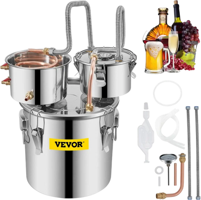 VEVOR Moonshine Still Distiller 3Gal 12L Stainless Steel Water Distiller Copper Tube with Circulating Pump Home Brewing Kit Build-in Thermometer for DIY Whisky Wine Brandy Spirits