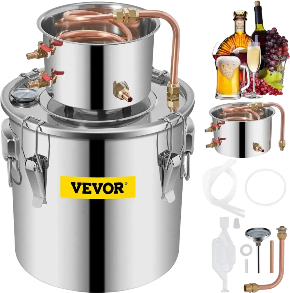VEVOR Alcohol Still 3Gal/12L Stainless Steel Alcohol Distiller Copper Tube Home Brewing Kit Build-in Thermometer for DIY Whisky Wine Brandy, Silver