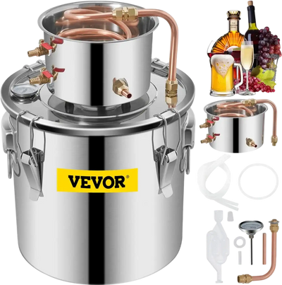 VEVOR Moonshine Still Distiller 5Gal 21L Stainless Steel Water Distiller Copper Tube Home Brewing Kit Build-in Thermometer for DIY Whisky Wine Brandy Sliver