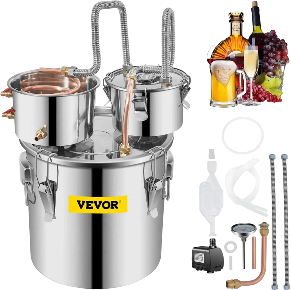 VEVOR Moonshine Still Stainless Steel Water Alcohol Distiller Copper Tube With Circulating Pump Home Brewing Kit Build-in Thermometer for DIY Whisky Wine Brandy Spirits