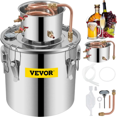 VEVOR Moonshine Still 9.6Gal 38L Stainless Steel Water Alcohol Distiller Copper Tube Home Brewing Kit Build-in Thermometer for DIY Whisky Wine Brandy, Sliver