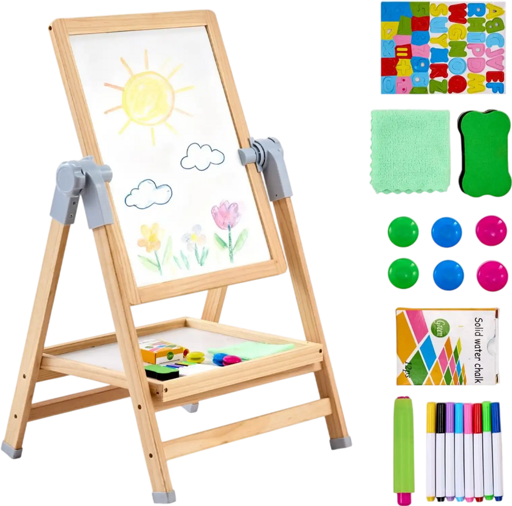 VEVOR Art Easel for Kids, 2-in-1 Wooden Double-Sided Kid's Art Easel with Magnetic Whiteboard & Chalkboard, Adjustable Standing Rotatable Foldable Drawing Board with Painting Accessories for Boy Girl