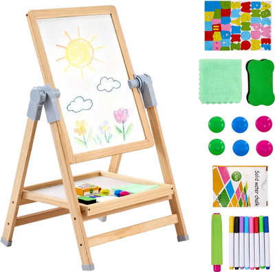 VEVOR Art Easel for Kids, 2-in-1 Wooden Double-Sided Kid's Art Easel with Magnetic Whiteboard & Chalkboard, Adjustable Standing Rotatable Foldable Drawing Board with Painting Accessories for Boy Girl