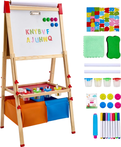 VEVOR Art Easel for Kids, 3-in-1 Wooden Double-Sided Kid's Art Easel with Magnetic Whiteboard, Chalkboard, Paper Roll, Adjustable Standing Drawing Board with Painting Accessories, Storage for Boy Girl