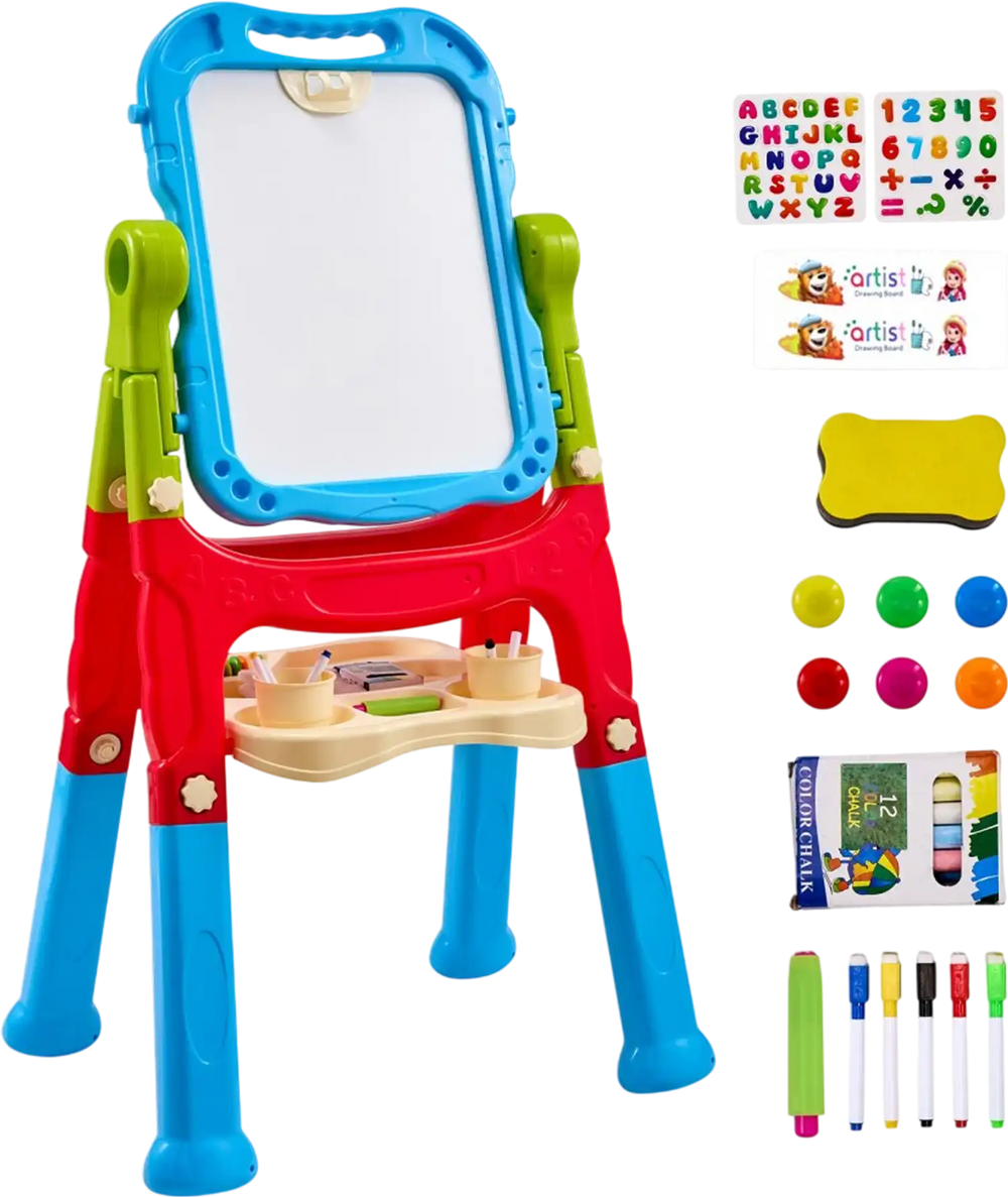 VEVOR Art Easel for Kids, 2-in-1 Double-Sided Kid's Art Easel with Magnetic Whiteboard & Chalkboard, Adjustable Standing Rotatable Removable Drawing Board with Painting Accessories for Boys and Girls