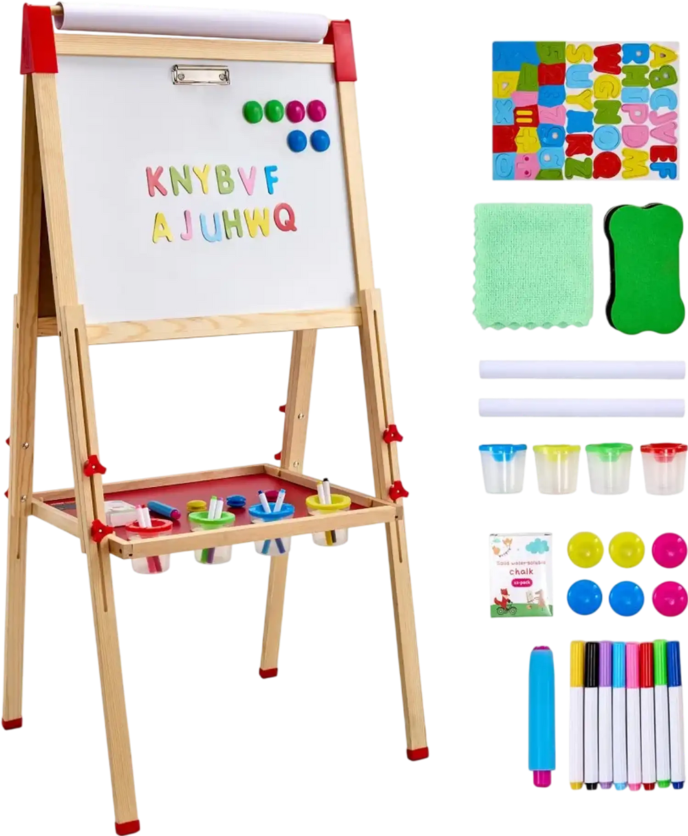 VEVOR Art Easel for Kids, 3-in-1 Wooden Double-Sided Kid's Art Easel with Magnetic Whiteboard, Chalkboard & Paper Roll, Adjustable Standing Drawing Board with Painting Accessories for Boys and Girls