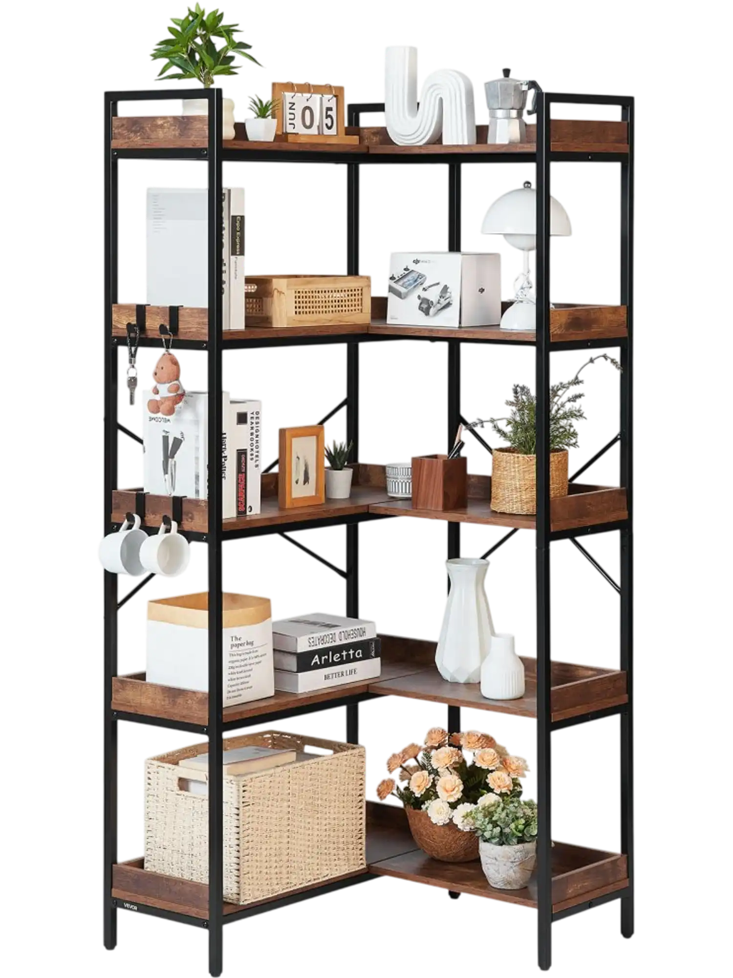 Vevor Corner Bookshelf 5-Tier L-Shaped Bookcase with 4 Hooks 65.4