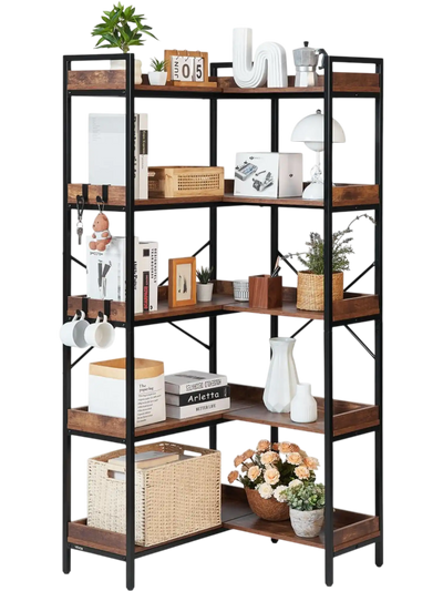VEVOR 5 Tier Corner Bookshelf with 4 Hooks, 65.4