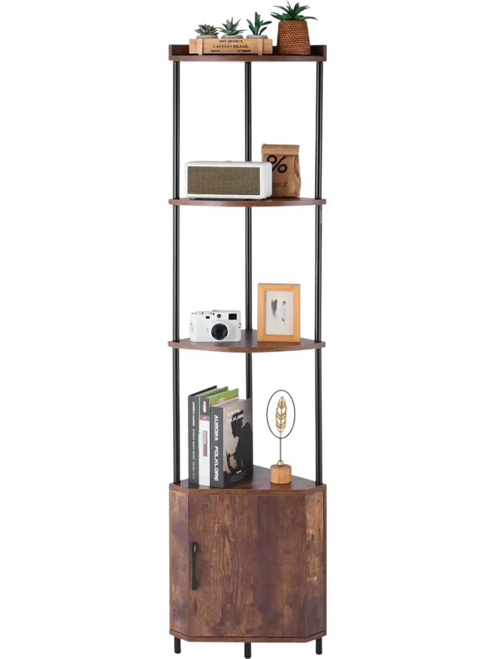 VEVOR 5 Tier Corner Shelf with LED Light, 65.4" Tall Corner Bookshelf with Storage Cabinet, Display Shelf with Multi-color Lights Controlled Via RC/APP for Bedroom, Living Room, Office