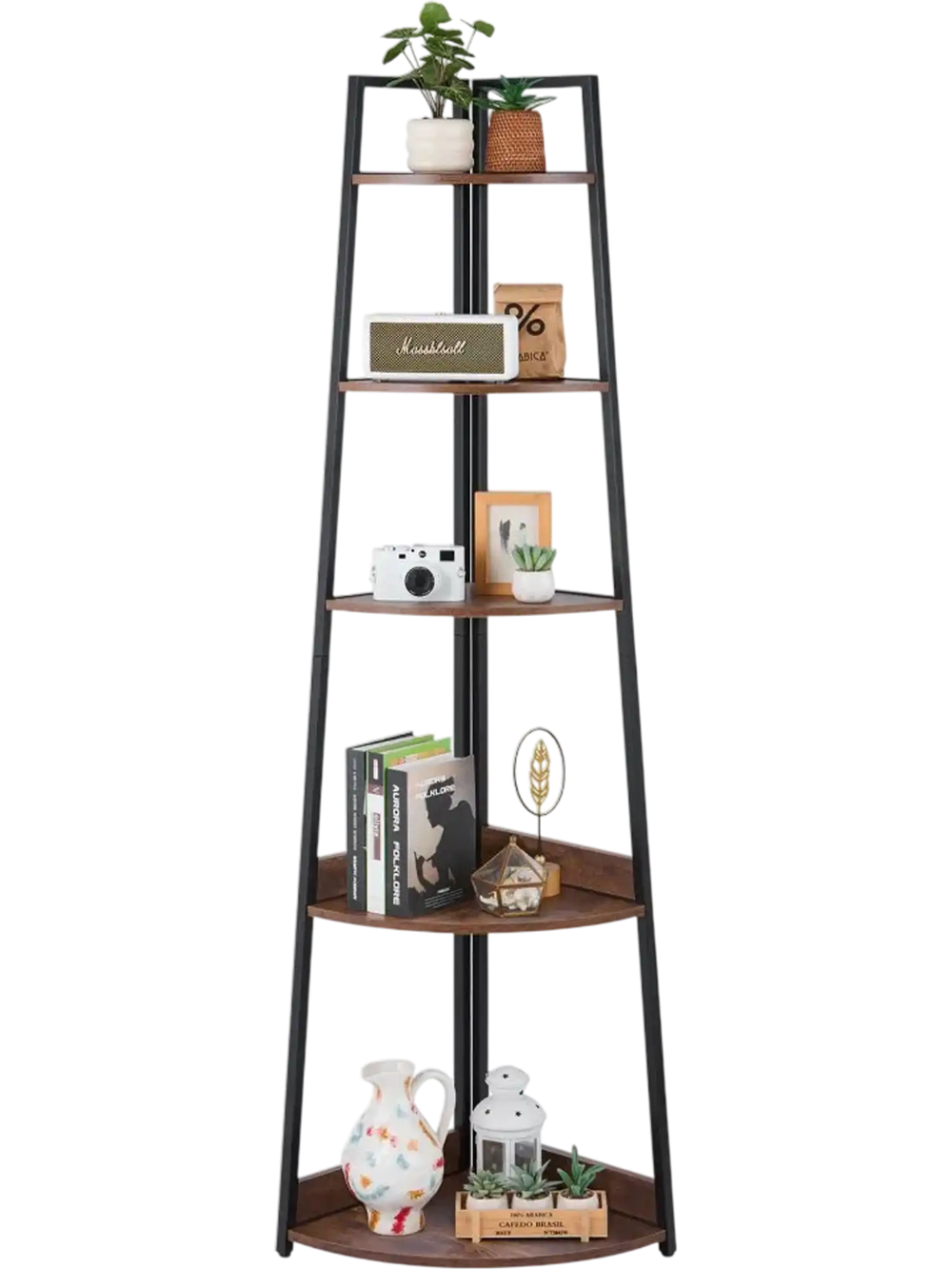 VEVOR 5 Tier Corner Shelf, 70" Tall Corner Bookshelf with Metal Frame & Wooden Shelves, Industrial Corner Ladder Shelf for Living Room, Bedroom, Office, Rustic Brown