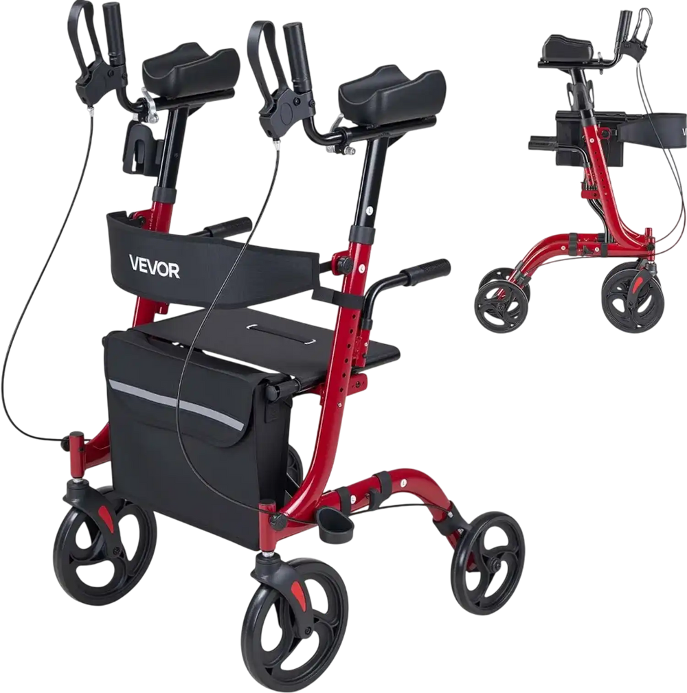 VEVOR Rollator Walker with Seat for Seniors, Foldable Rolling Walker, Lightweight Aluminum Mobility Walking Aid with PVC Solid Wheels, Adjustable Handle, Storage Bag, Cup/Cane Holder - Supports 300LBS