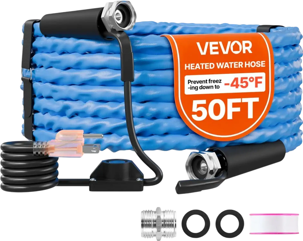 VEVOR 50FT Heated Water Hose for RV Antifreeze to -45°F Drinking Water Hose, 5/8" ID, Corrugated Surface, Built-in Thermostat, Freeze & Leak-Proof, Lead and BPA Free, Fast Heating for RV Camping