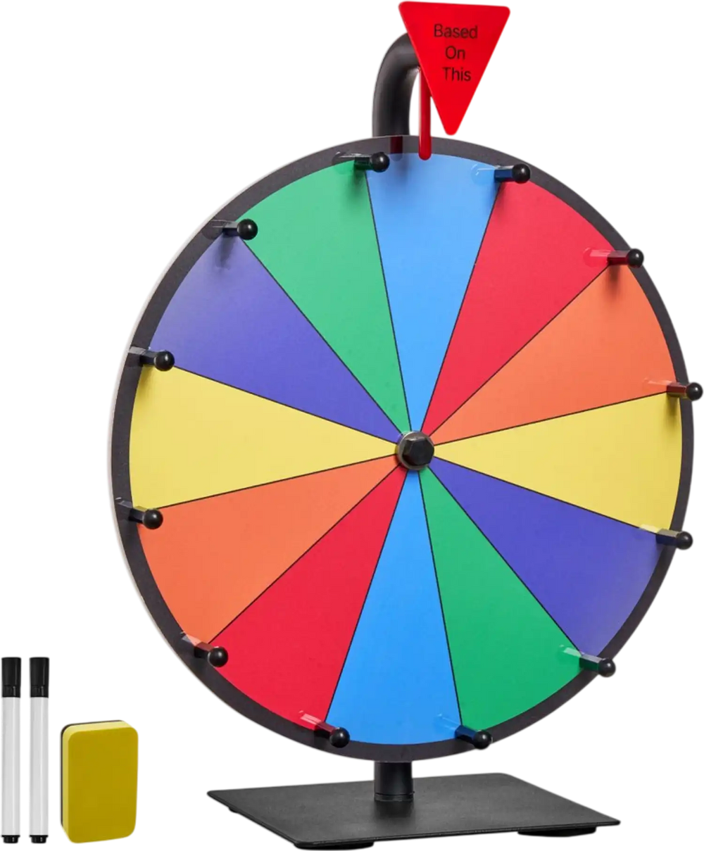 VEVOR 12 in Spinning Prize Wheel, 12 Slots Spinning Wheel with Stand, Tabletop Win Fortune Roulette with a Dry Erase and 2 Markers, 6 Colors, Easy Assembly, for Party Pub Trade Show Carnival Events